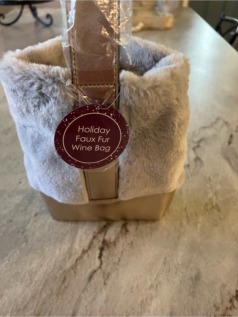 Faux Fur Holiday Wine Tote in Taupe and Gold